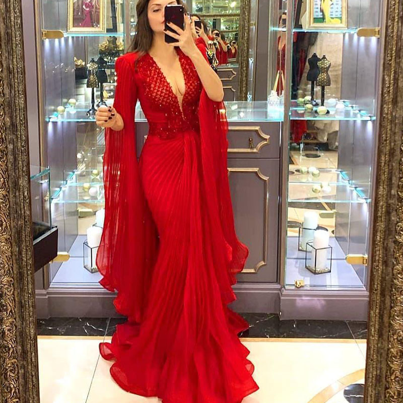 2020 Arabic Red Sexy Mermaid Evening Dresses Deep V-neck Lace Beaded Prom Dresses Chiffon Formal Party Gowns Robe De Soiree