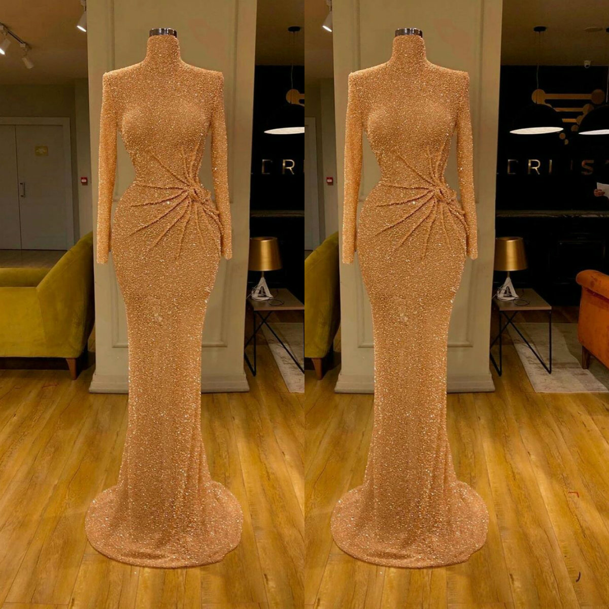 glitter custom made formal evening party dresses highcollor sequined beaded prom dress long sleeves sweep train cheap party gown