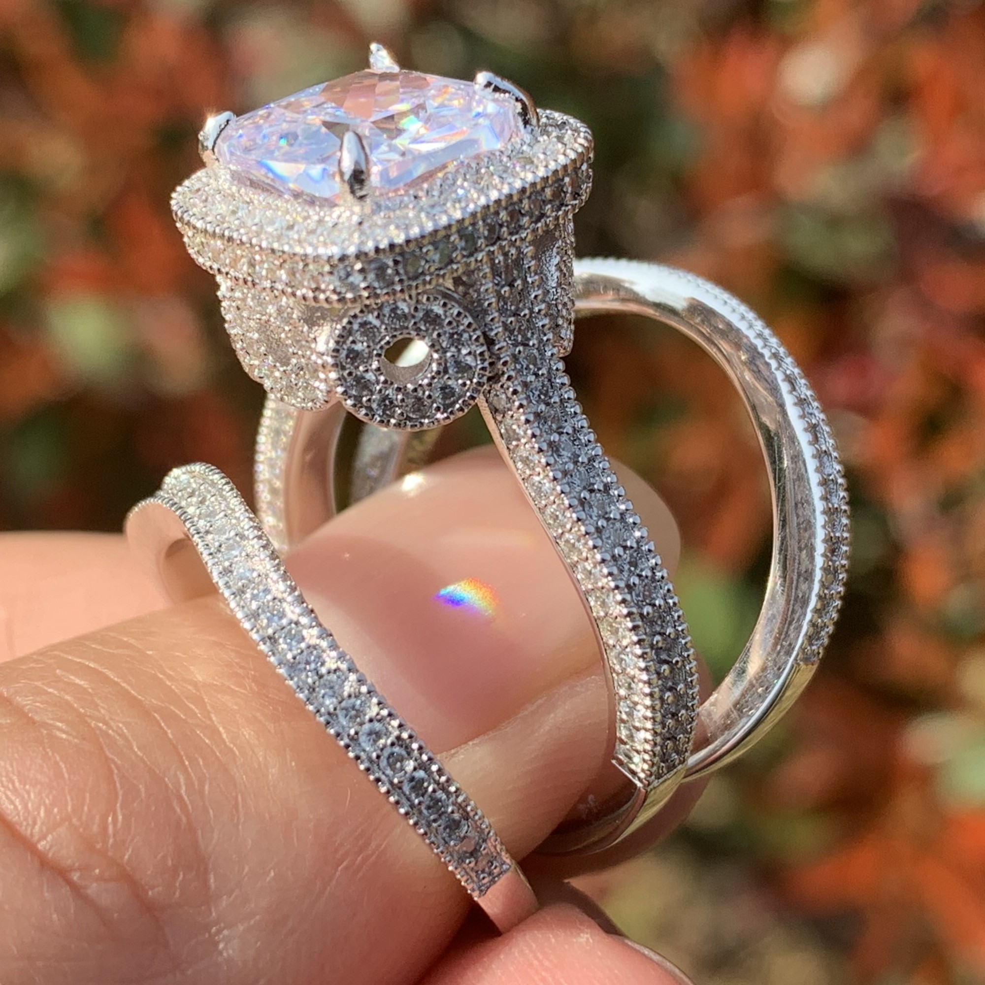 2019 New Hot Ring Set Vintage Fashion Jewelry 925 Sterling Silver Cushion Shape White Topaz CZ Diamond 3pcs Women Wedding Band Ring Gift