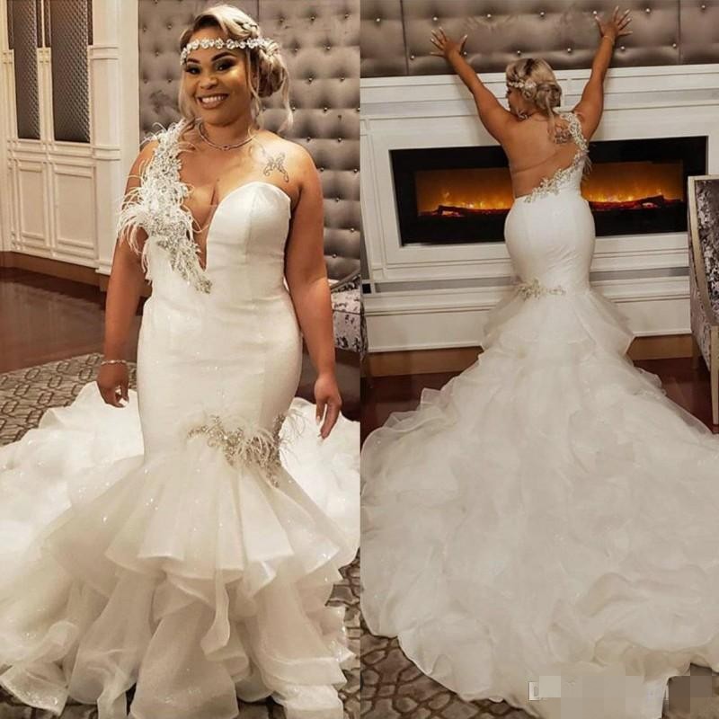 Plus Size Dresses One Shoulder Mermaid Chapel Train Tiered Organza Skirt Beaded Crystal Feather Illusion Back Wedding Gown