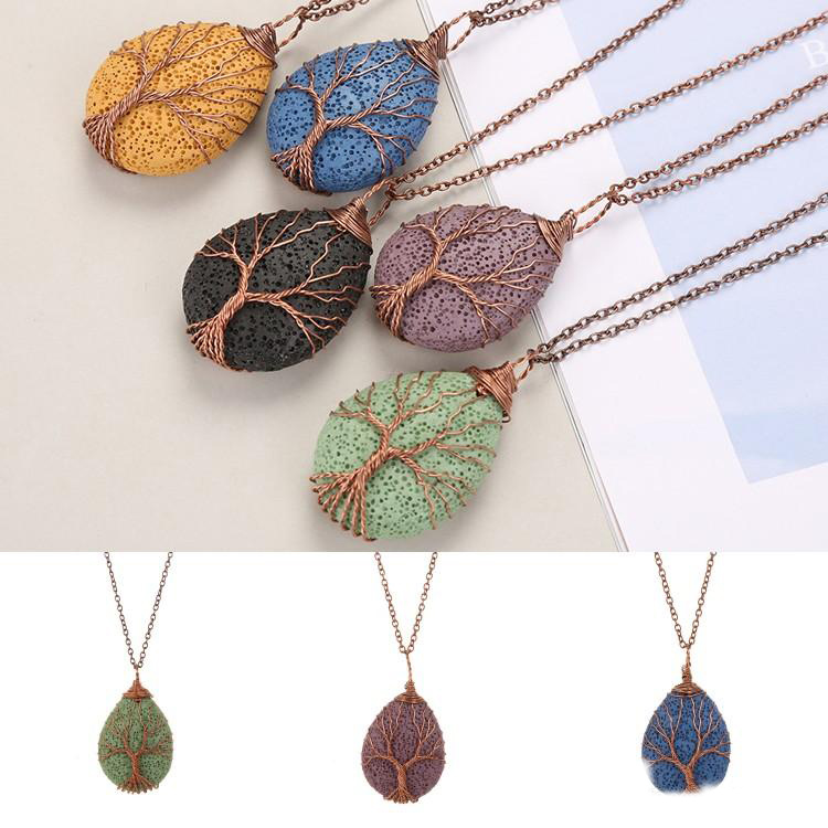 5 Colors Natural Volcanic Stone Water Drops Necklaces Winding Life Tree Pendant Necklace Women Fashion Jewelry Christmas Gift