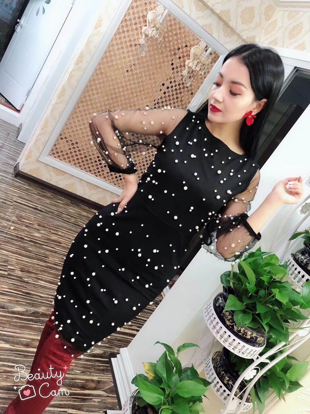European design fashion womens new gauze patchwork long sleeve beading slim waist pencil knee length dress plus size SML