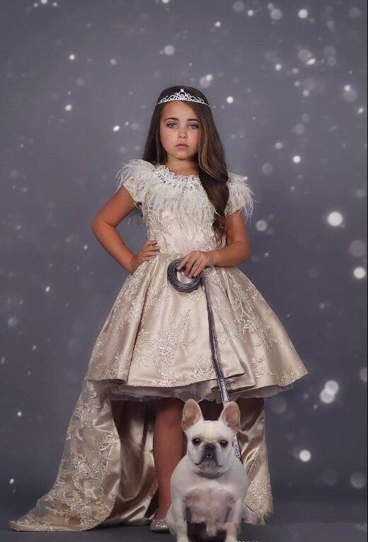 2020 New High Low Flower Girl Dresses Jewel Feather Boho First Communion Gowns For Little Girl Short Sleeves A Line Girls Pageant Dresses