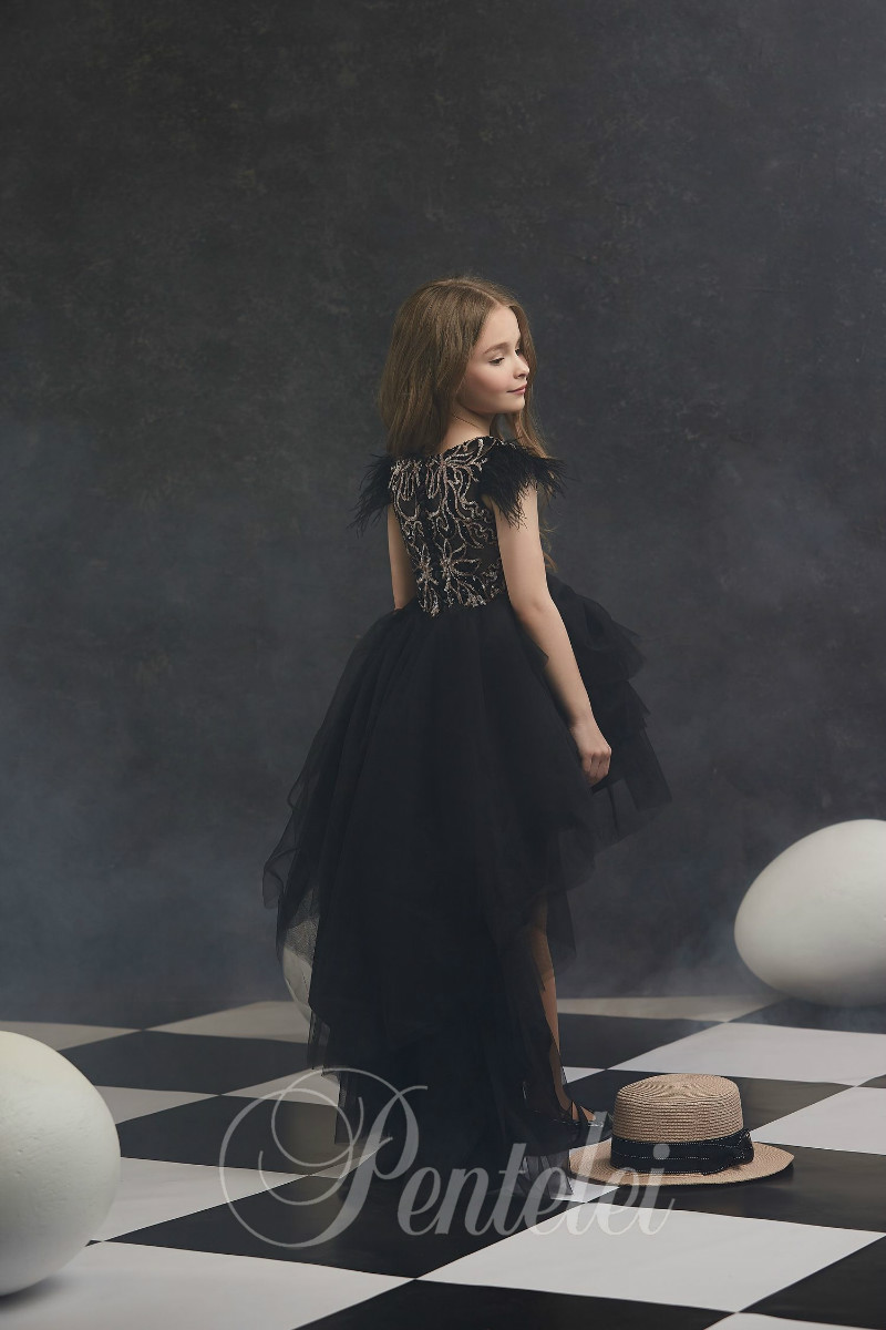 Lovely Ball Gown Flower Girl Dresses Jewel Short Sleeve Tiered Sequins Feather Pageant Dress High Low Girl's Birthday Party