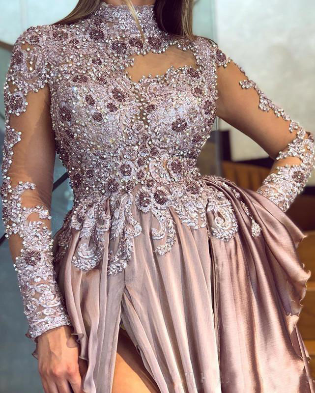 Arabic Aso Ebi Long Sleeves Prom Dresses Beads Appliques High Neck Dusty Pink Chiffon Formal Evening Gowns Party Dresses
