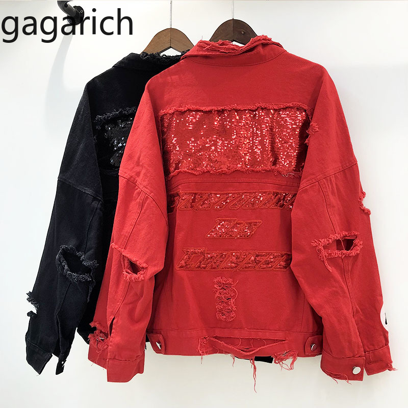 Gagarich Red Black Denim Jacket Women Basic Coat Autumn Big size Short Hole Jean Jacket Women Sequin Denim Streetwear
Gagarich Red Black Denim Jacket Women Basic Coat Autumn Big size Short Hole Jean Jacket Women Sequin Denim Streetwear