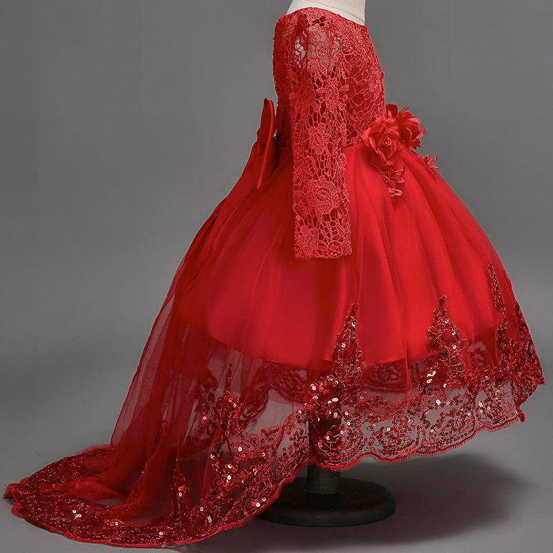 Flower Red Trailer Puffy Wedding Party Girl First Communion Attended Princess Lace Evening Dress 0522