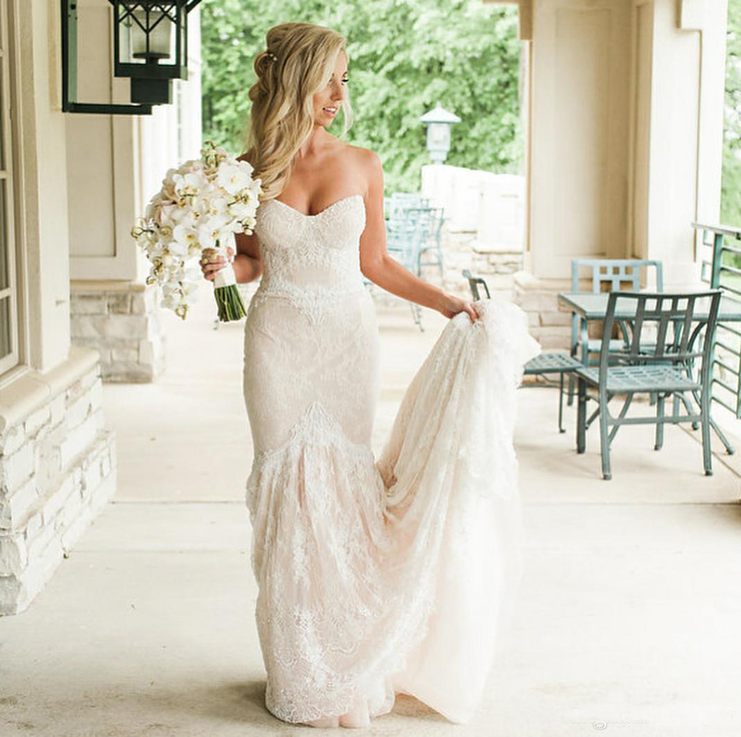 Country Wedding Dresses Full Lace Sweetheart Mermaid Bridal Gowns Sweep Train Custom Made Wedding Dress Slim Fit