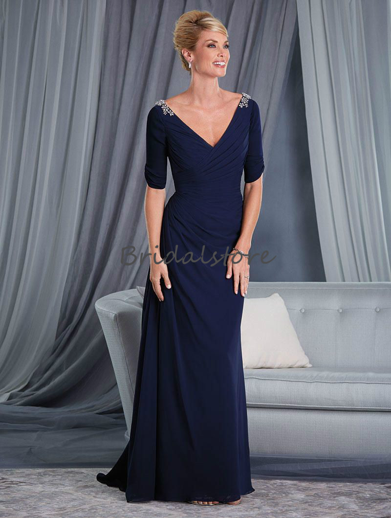 Charming Deep V Neck Mother Bride Dresses Beaded Straps Short Sleeve Floor Length Long Formal Evening Dresses Elegant 2018 Groom Mom Gown