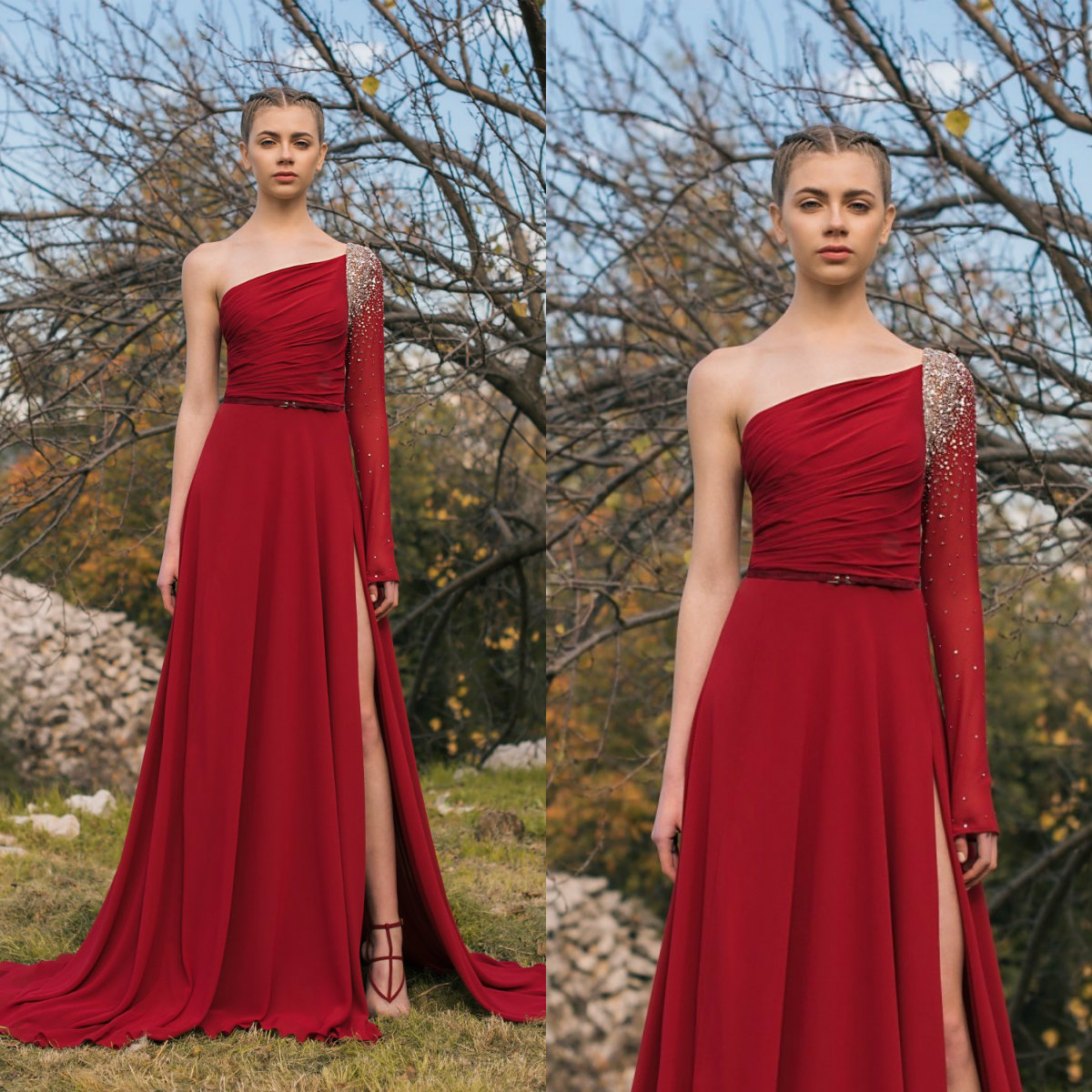 One Shoulder Red Prom Dresses 2019 Georges Hobeika Long Sleeve Beaded Formal Evening Gowns Thigh High Split Sweep Train Party Dresses