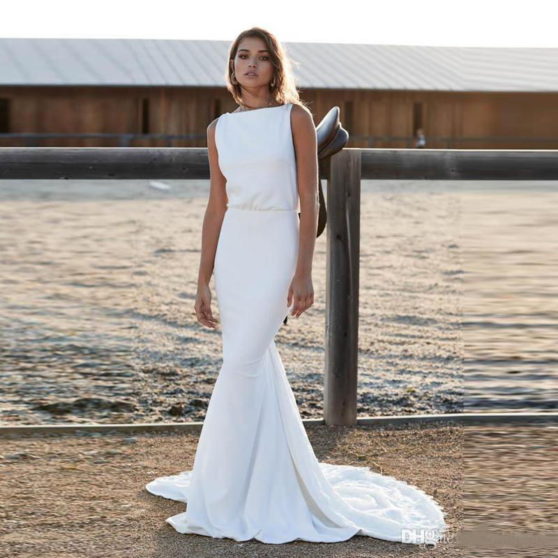 Graceful White Mermaid Satin Wedding Dresses 2020 Square Neck Lace Appliques Garden Wedding Gown Sweep Train Button Back Bridal Dress