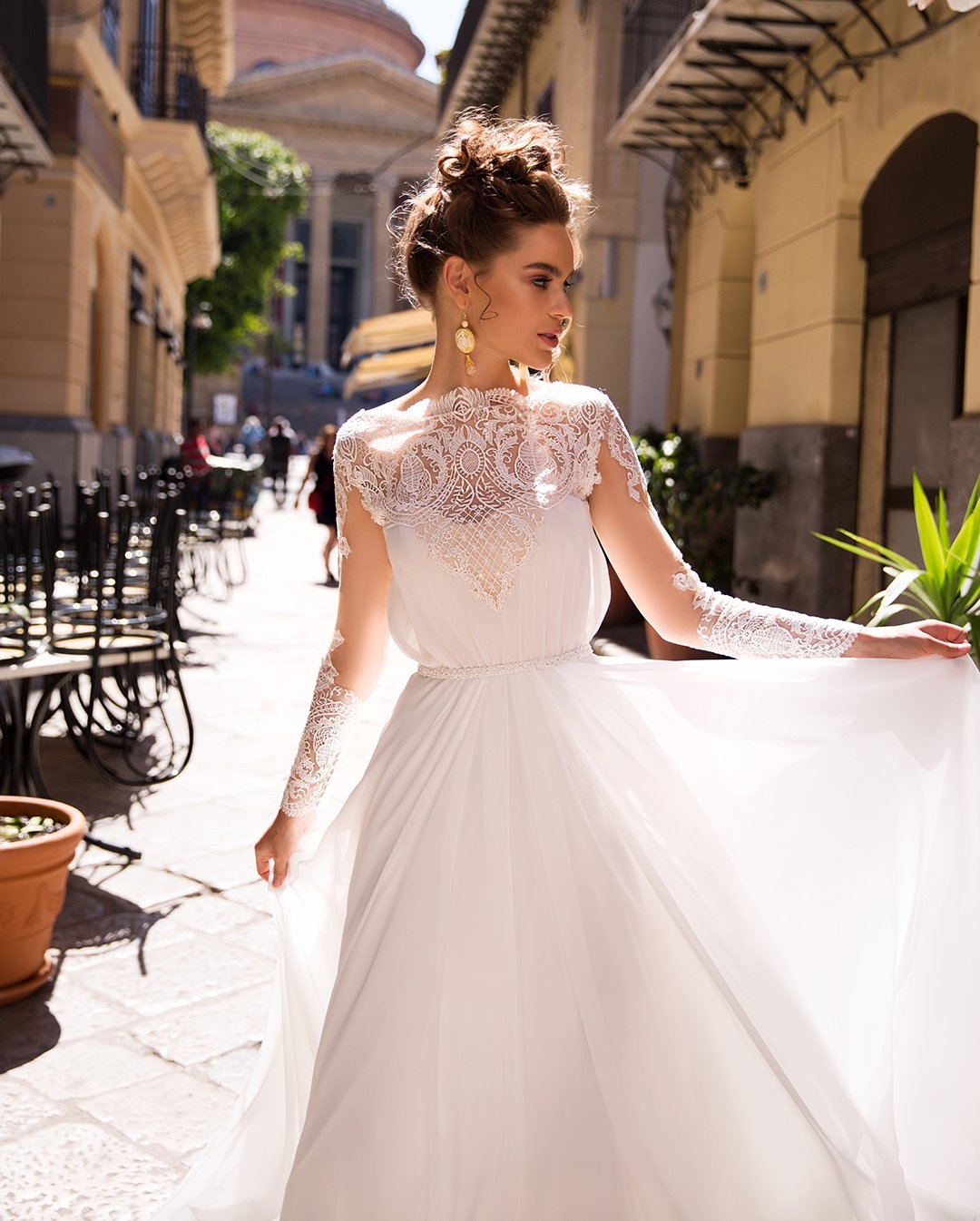 Lace Long Charming Sleeves Wedding Dresses Beaded Bateau Neck Bridal Gowns A Line Chiffon Sweep Train Robe De Marie