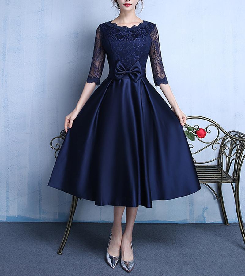 Dark Navy Elegant Satin with Lace Tea Length Evening Dresses With Bow Formal Dresses Half Sleeves Evening Gowns Party Prom Gowns Bridesmaid, Nude
Dark Navy Elegant Satin with Lace Tea Length Evening Dresses With Bow Formal Dresses Half Sleeves Evening Gowns Party Prom Gowns Bridesmaid, Nude