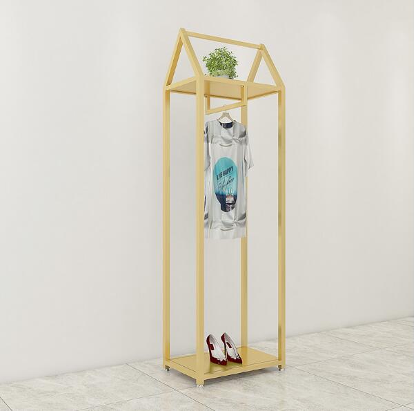 Iron retro clothing store display racks gold men's and women's clothes rack hanging clothes rack display rack European floor type clothes ra