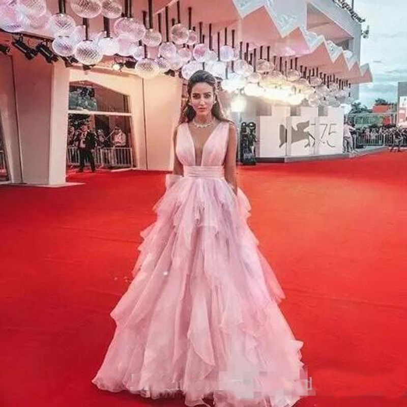 Cascading Ruffles Prom Dresses Sheer Deep V Neck Sweep Train Draped Long Formal Evening Party Gowns Celebrity Wear Red Carpet Dresses
