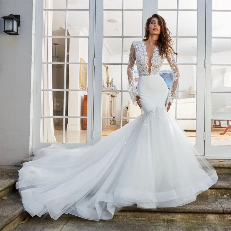 Lace Amazing Mermaid Wedding Dresses With Detachable Train Sheer Plunging Neck Long Sleeves Bridal Gowns Trumpet Robe De Marie