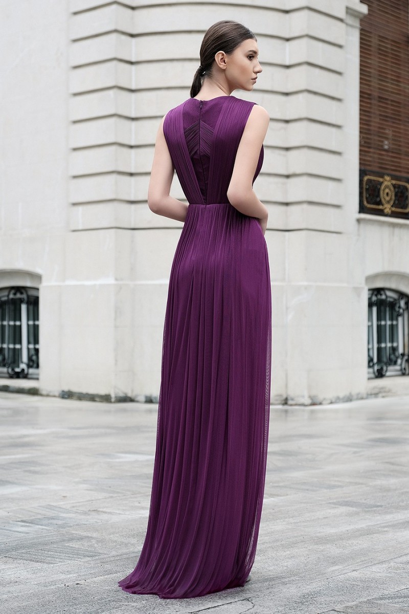 Cristallini Dark Purple Evening Dresses Deep V Neck Chiffon Side Split Prom Gowns Plus Size Abendkleider Formal Dress robes de soirée