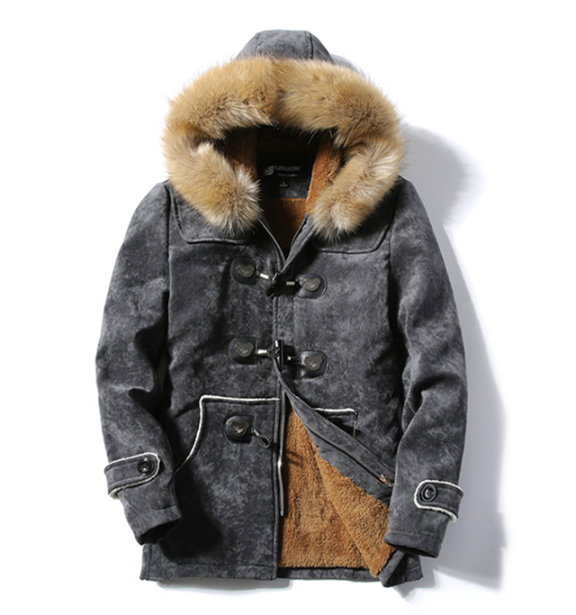 Men's Down Autumn And Winter Fur Collar Horn Buckle Velvet Leather Coat Long Section Slim Thick Warm Youth Cotton Jacket BY261