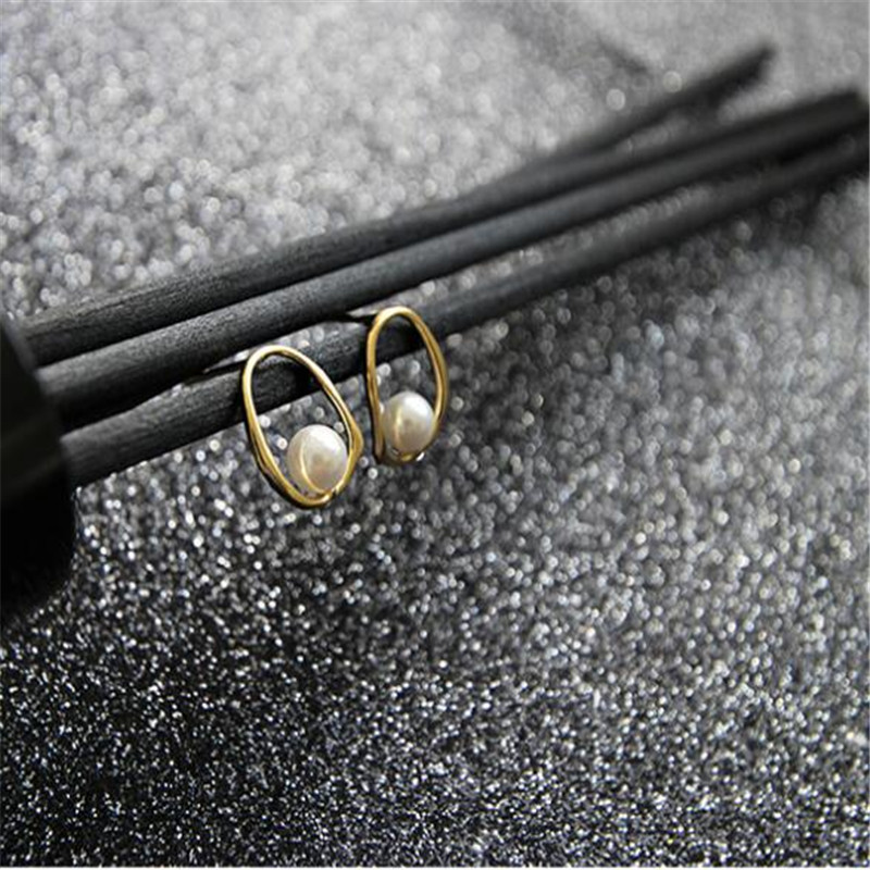 100% 925 Sterling Silver Hollow Irregular Geometric Circle Pearl Stud Earrings For Women New Wedding Party Gifts 18k Gold Color