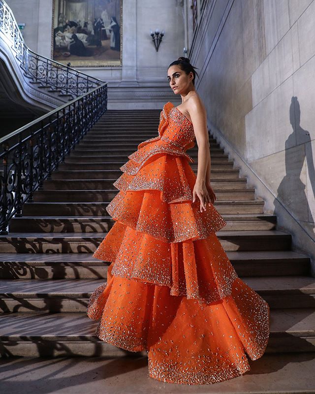 Newest Orange Prom Dresses Strapless A Line Tiered Skirts Bling Beads Evening Dress Party Wear Custom Made Formal Occasion Gowns