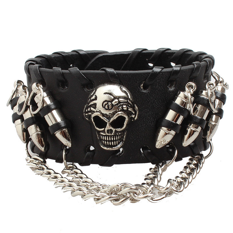 Men's Punk Black Leather bracelet vintage harley motorcycle skull skeleton bullet charms Biker bracelets Bangle For man Fashion Jewelry 6009, Golden;silver
Men's Punk Black Leather bracelet vintage harley motorcycle skull skeleton bullet charms Biker bracelets Bangle For man Fashion Jewelry 6009, Golden;silver