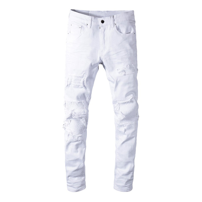 Streetwear Men's Slim white stretch ripped biker jeans skinny pleated patchwork moto bike denim pants Fashion distressed jeans, 592 white
Streetwear Men's Slim white stretch ripped biker jeans skinny pleated patchwork moto bike denim pants Fashion distressed jeans, 592 white