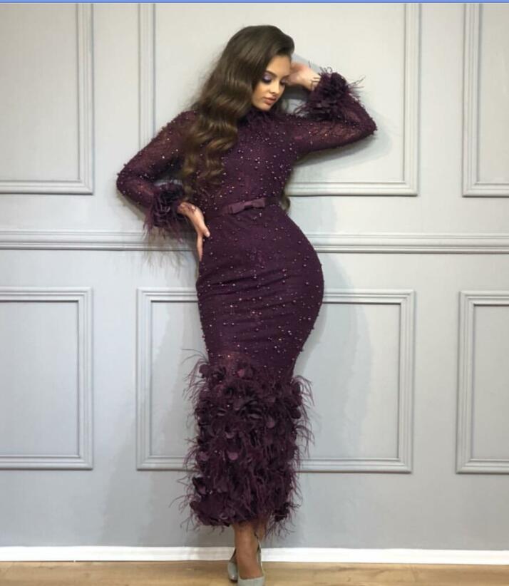 Yousef aljasmi Short Evening Dresses Sheath Feather Dark Purple Tea length High neck Long sleeve Party Gowns Short Prom Dresses