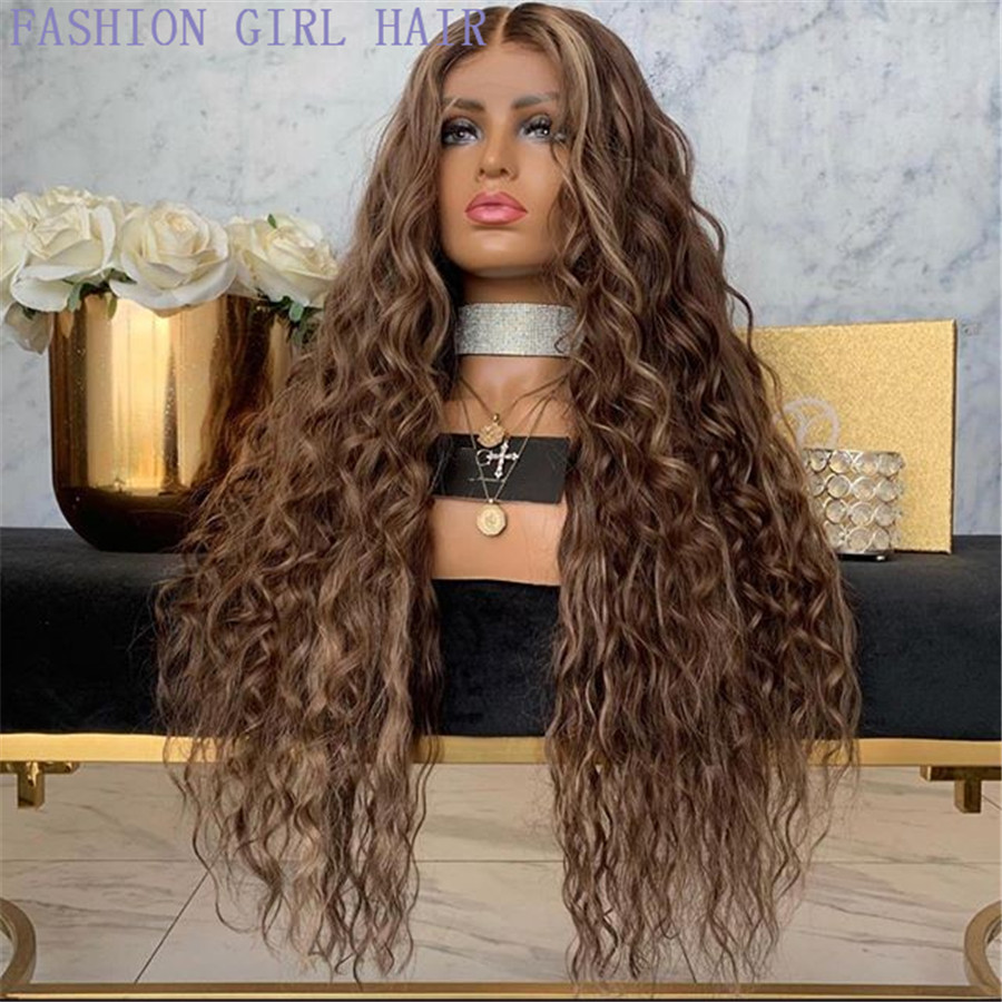 Long Wavy Synthetic Wigs Brown Middle Part Natural Hair Wigs For American Women Cosplay Wigs Heat Resistant Fiber