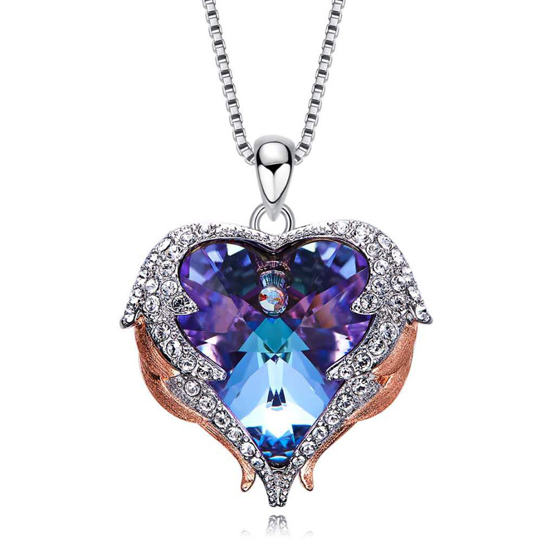 Wholesale- Love Pendant Necklace for women Angel Wings Blue Heart Necklace copper Mothers Day Gift fine jewelry silver plated