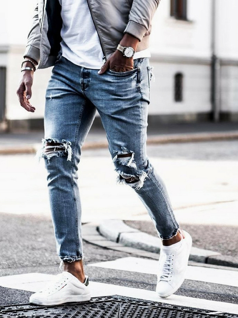 Spring and fall Skinny man Wear Destroyed Ripped Hole Hip hop Broken male Pencil Biker Jeans T200608