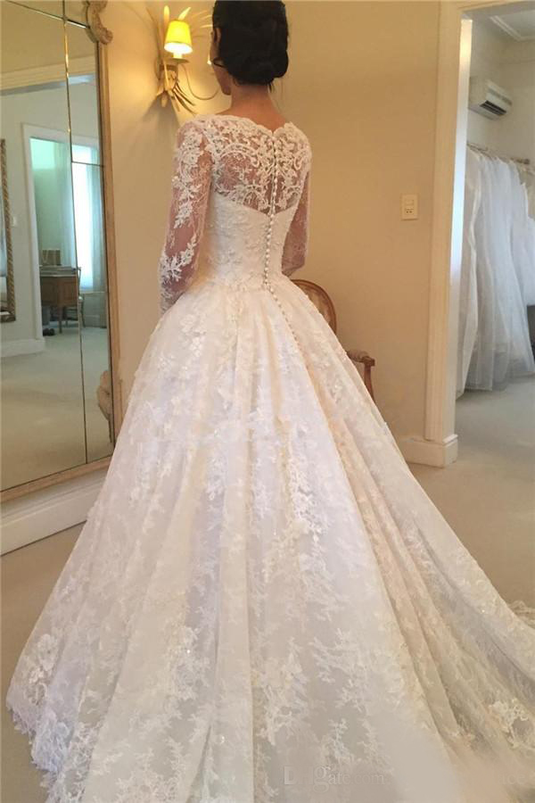 2020 Latest Hot Sale Scoop Neck A-line Long Sleeve Lace Wedding Dresses Button Back Appliques Beaded Bridal Wedding Gowns