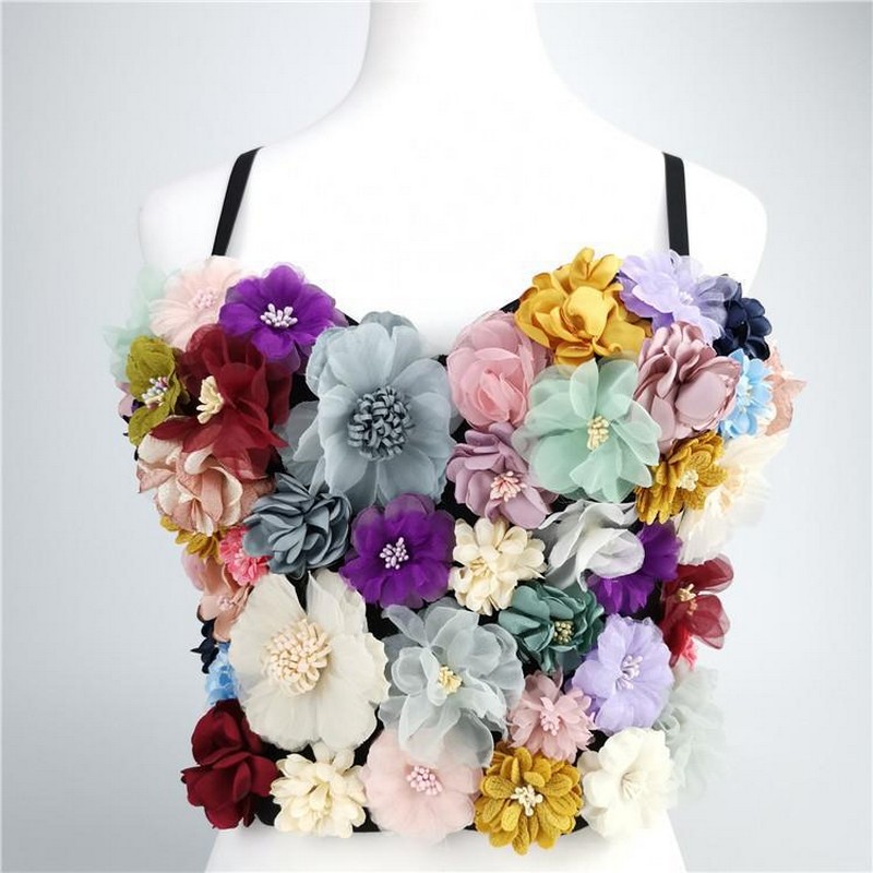 Women Multicolor Floral Embroidery Bralette with Colorful Three-Dimensional Cups and Flowers Appliques Fashion Crop Top Tube Top Strap S-L