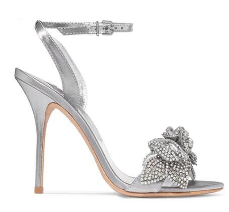 Hot Sale-Chic Silk Satin Clear Crystal Wedding Shoes Bride Ankle Strap Rhinestone Women Sandals Flower High Stiletto Heel Summer Sandals