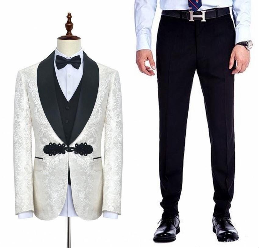 New Arrival Side Vent One Button Ivory Wedding Groom Tuxedos Shawl Lapel Groomsmen Men Suits Prom Blazer (Jacket+Pants+Vest+Tie) W47