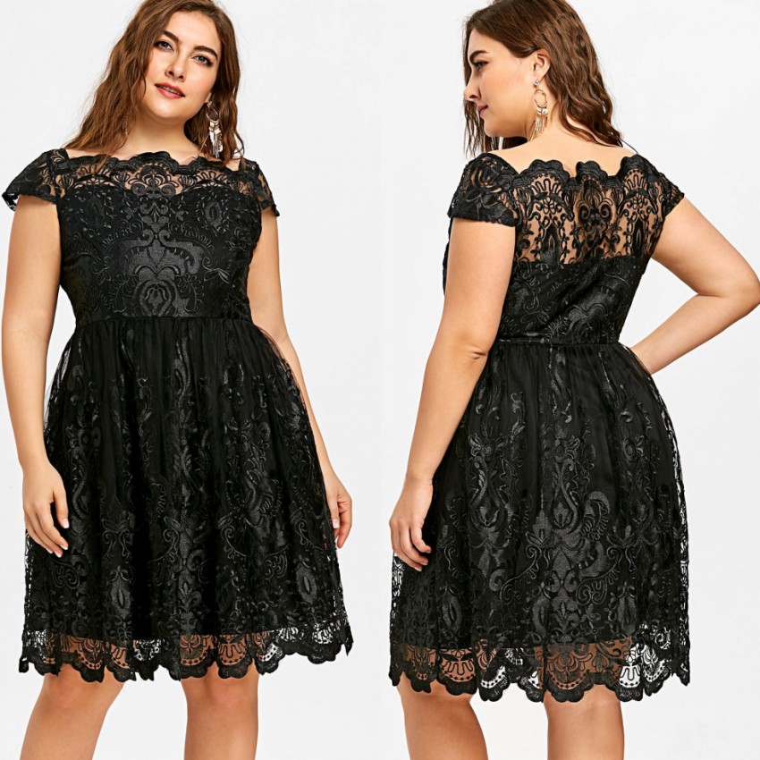 Lace Cheap Black Plus Size Prom Dresses A Line Bateau Neck Evening Gown Knee Length Cap Sleeves Formal Dress
