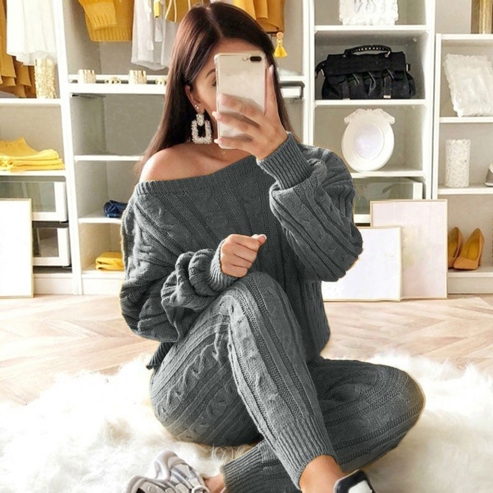 CALOFE Autumn New Cotton Tracksuit Women 2 Piece Set Sweater Top+Pants Knitted Suit O-Neck Knit Set Women Outwear 2 Piece Set V191025