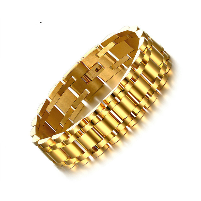 17mm Wide Gold-color Stainless Steel Watch Band Bracelet For Men Jewelry Matte Finished Strap Chain Bracelet & Bangle BR-345