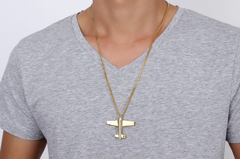 Men's Stainless Steel Airplane Pendant Necklace Gold-Color Aircraft - 24" Chain PN-678