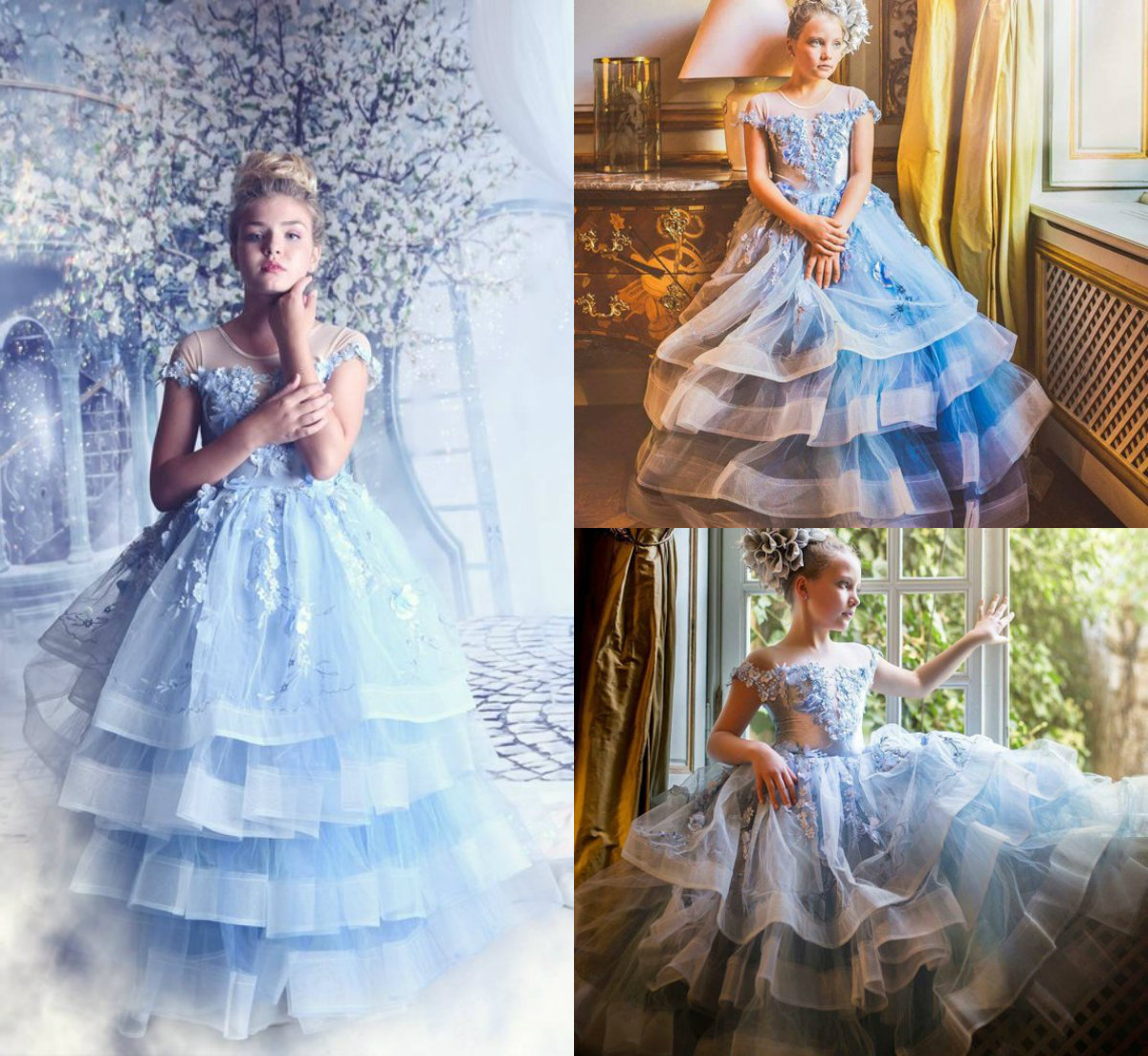 Blue Girls Pageant Dress A Line Jewel Neck Short Sleeve Tiered Skirts Lace Flower Girl Dresses Custom Luxury Appliqued Birthday Party Gowns
