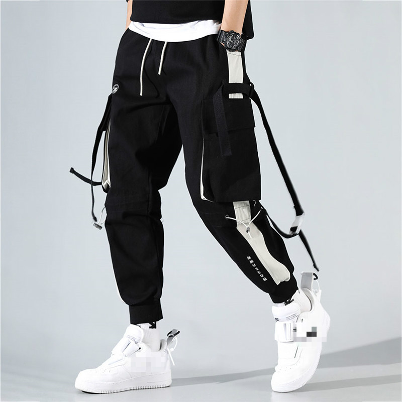 Januarysnow Mens Cargo Pants Hip Hop Pockets Joggers Streetwear Casual Men Pants Ribbons Patchwork Clothes Spring Autumn New Loose Trousers