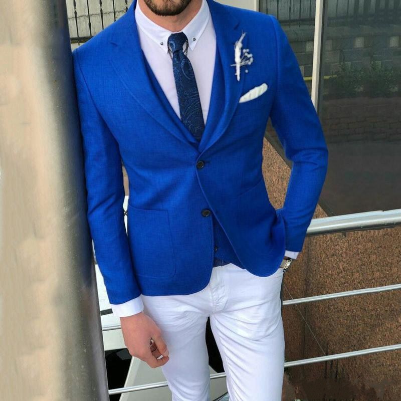 Latest Design Two Buttons Blue Wedding Men Suits Notch Lapel Three Pieces Business Groom Tuxedos (Jacket+Pants+Vest+Tie) W1122