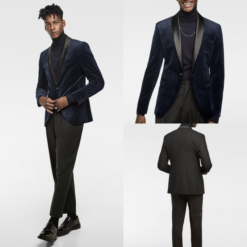 Navy Velvet Banquet Men Suits Two Pieces (Blazer+Pant) Winter Warm Wedding Groomsmen Suits With Shawl Lapel One Button