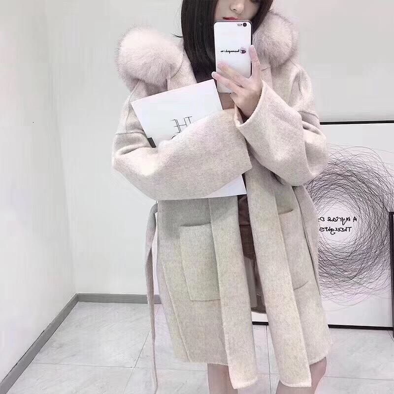 Korean Version Long Cashmere Coat With Real Fox Fur Trim Hoodie Warm Thicken Large Pockets Coat female Women Outwear Winter Coat CJ191214