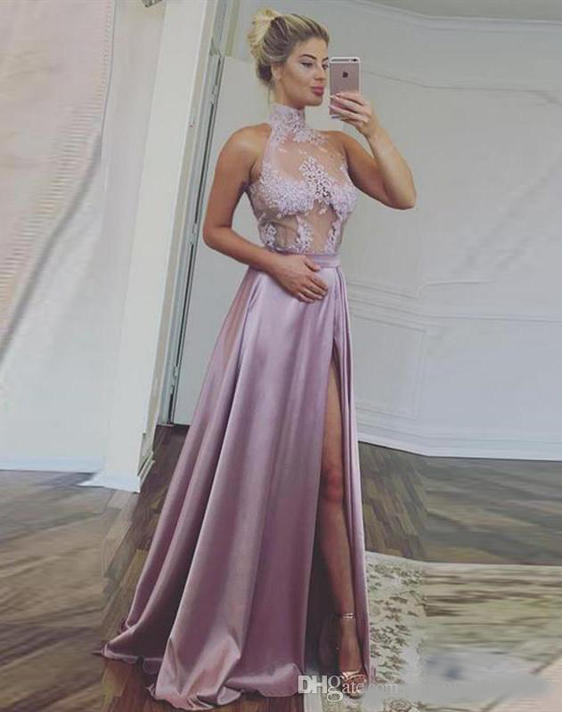 Sexy Illusion Bodice Prom Dresses with Lace Applique Halter Neck Maid of Honor Party Gowns Side Split A Line Evening Dress