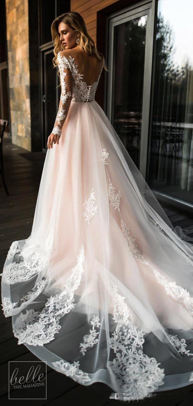 Gorgeous Sheer Long Sleeves Wedding Dresses 2019 A Line Tulle Lace Wedding Bridal Gowns Summer Beach Cheap Custom Made