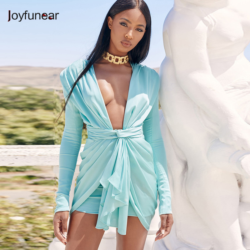Joyfunear Mini Blue Elegant Dress Women Wrap Party Club Dresses Bandage Deep V Neck Zipper Sexy Autumn Bodycon Dress Feeme 201911