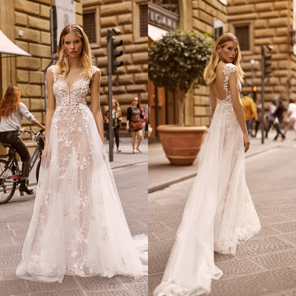 Berta 2020 New Wedding Dresses Sheer Jewel Neck Lace Appliqued Beach Boho Backless Beads Illusion Bridal Gowns Vestido De Novia