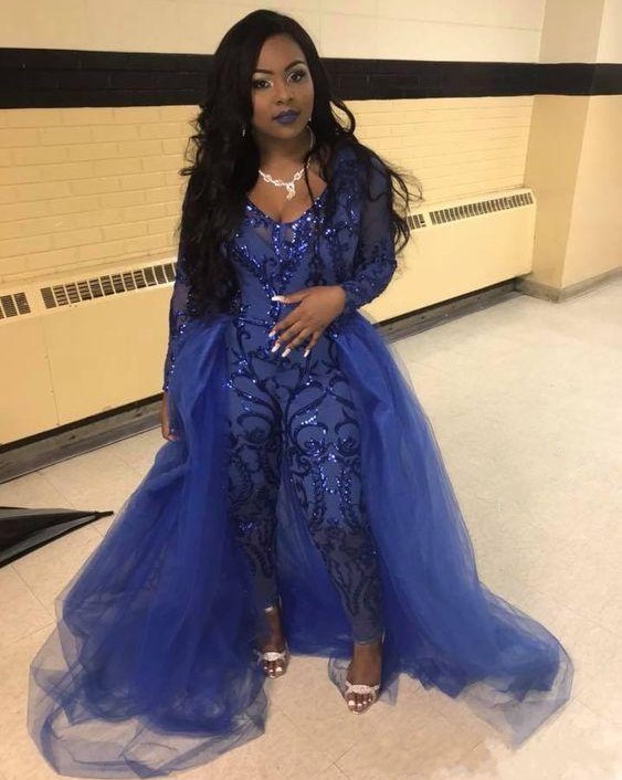 Royal Blue Sequined Jumpsuits Prom Dresses With Detachable Train V Neck Long Sleeves Party Dress Appliqued Tulle Plus Size Evening Gowns