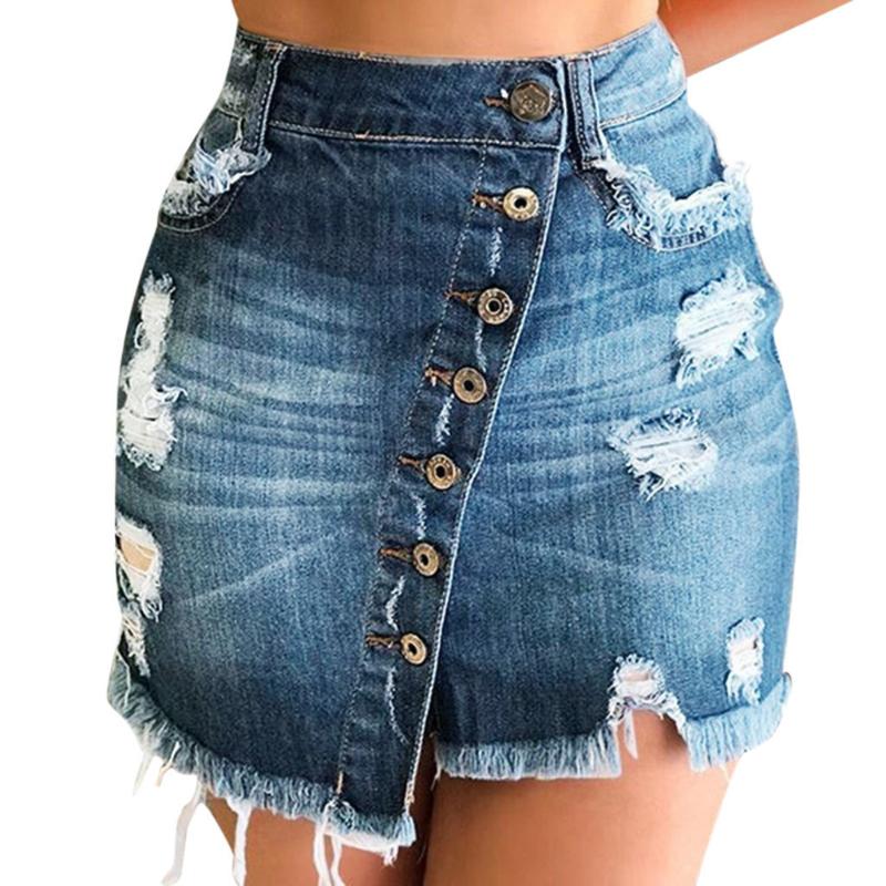 Plus Size Mini Skirts Womens Summer 2019 Streetwear Casual Denim Skirt Hole Button Women Skirt Faldas Mujer Moda 2019