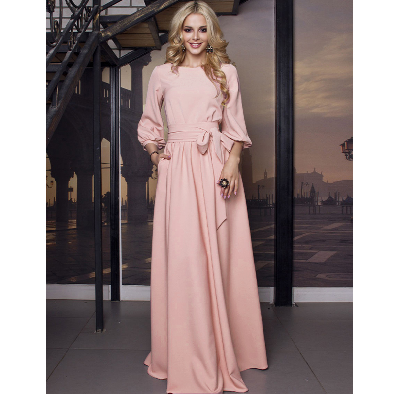 Women Elegant Party Dress Lantern Sleeve o Neck Sashes Solid Dress 2019 Women Autumn Maxi Long Party Dress T200415